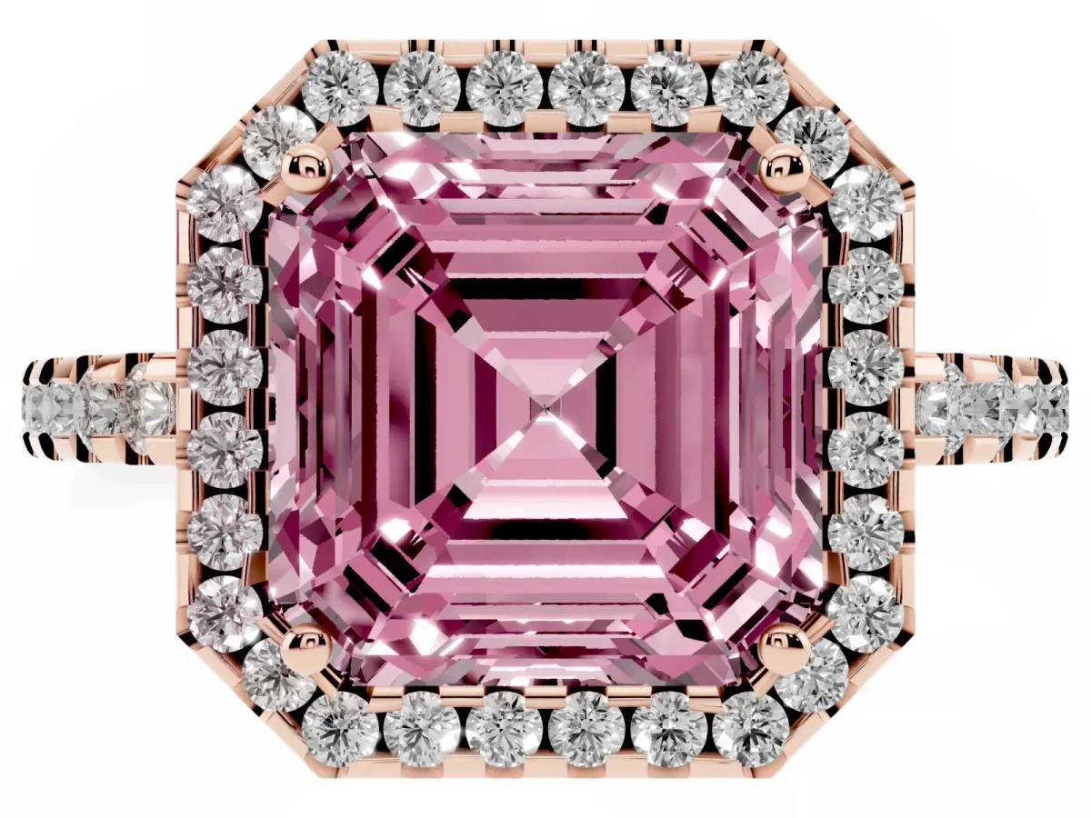 Fancy Pink Asscher Cut Diamond Halo Engagement Ring with Pavé Band and Prong Setting Rose gold