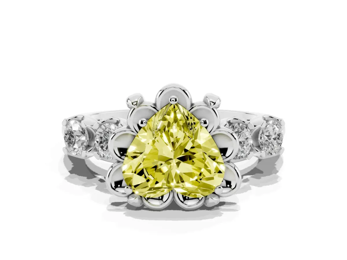 Fancy Yellow Heart Cut Cut Diamond Floral Halo Engagement Ring with Shared Prong Setting White gold