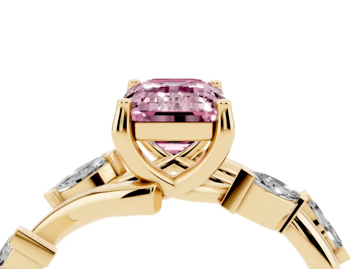 Fancy Pink Emerald Cut Solitaire Twisted Band Marquise Accent Prong Setting Ring Yellow gold