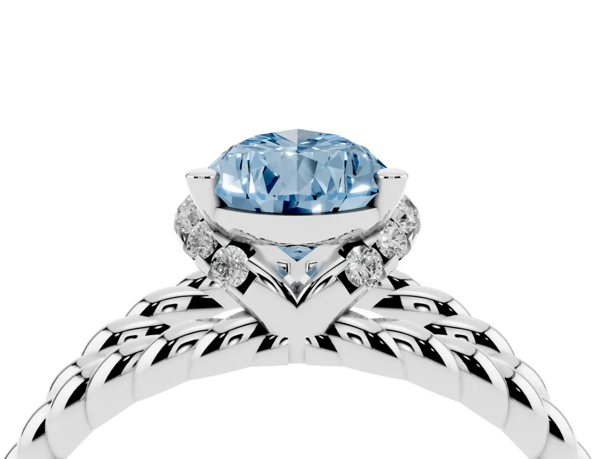 Fancy Blue Pear Cut Halo Twisted Band Four-Prong Ring Silver