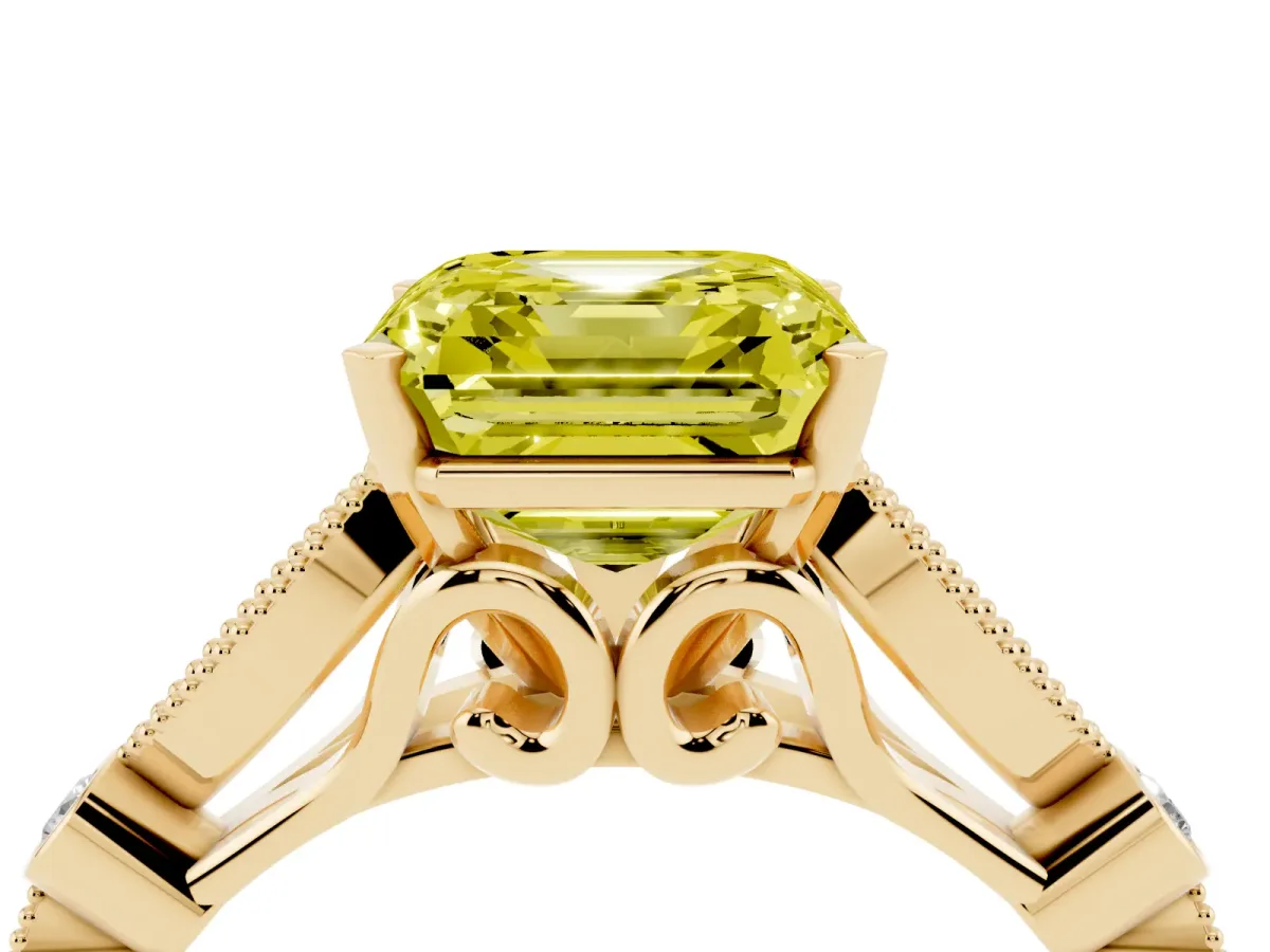 Fancy Yellow Asscher Cut Cut Diamond with Milgrain Marquise and Bezel Accents on a Solitaire Band with Prong Setting Yellow gold