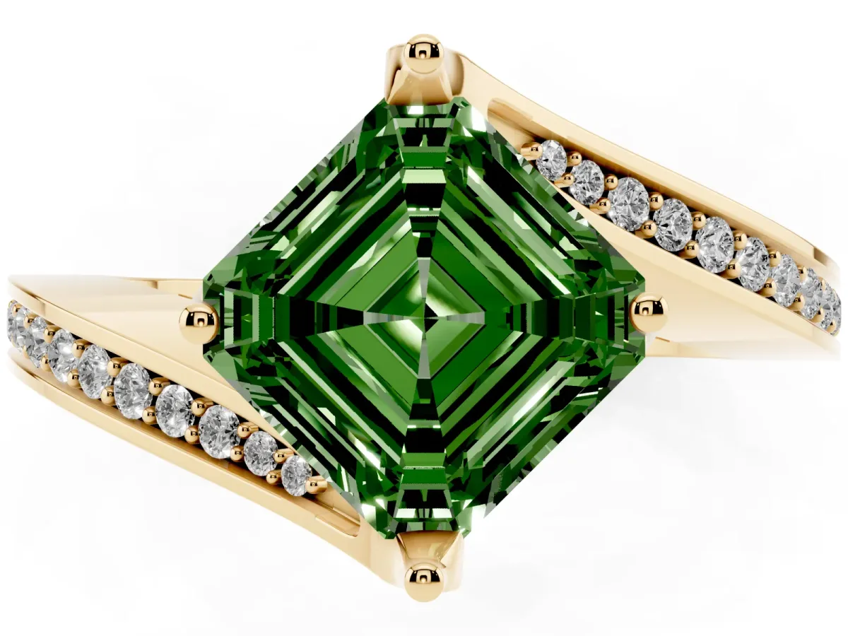 Fancy Green Asscher Cut Solitaire Diamond Twist Band with Pavé Setting and Four-Prong Setting Yellow gold
