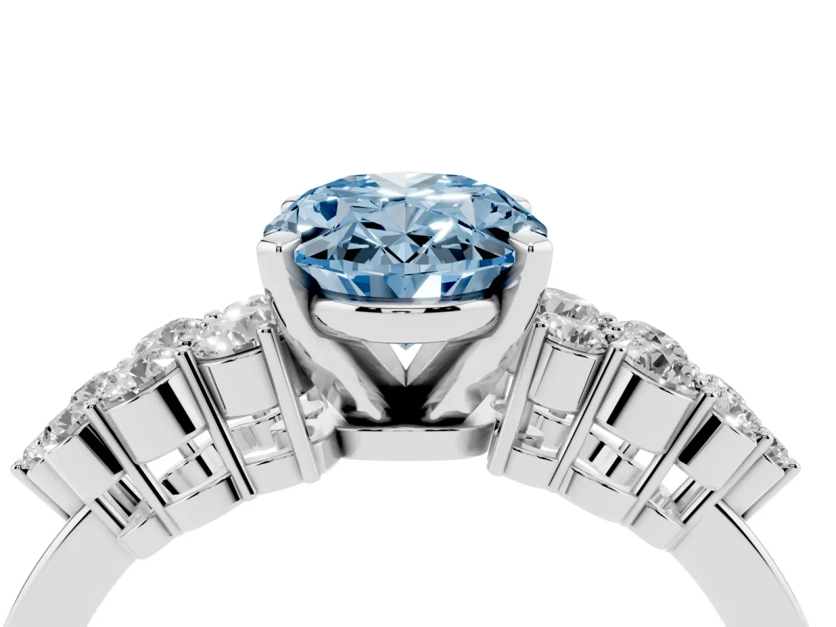 Fancy Blue Oval Cut Cluster Diamond Engagement Ring with Pavé Band and Four-Prong Setting Silver