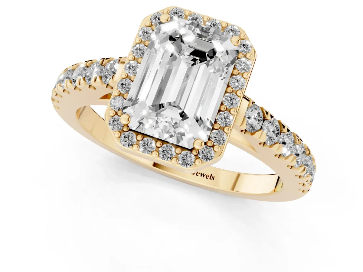 Emerald Cut Cut Halo Diamond Engagement Ring with Pave Band and Four-Prong Setting Yellow gold