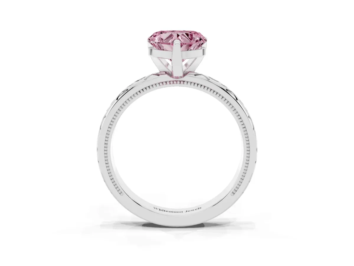 Fancy Pink Heart Cut Solitaire Engagement Ring with Scrollwork Band and Four-Prong Setting Platinum