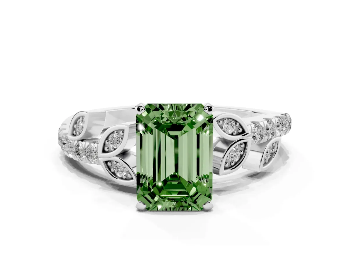 Fancy Green Emerald Cut Solitaire Leaf-Inspired Diamond Ring with Pavé Band and Four-Prong Setting Silver