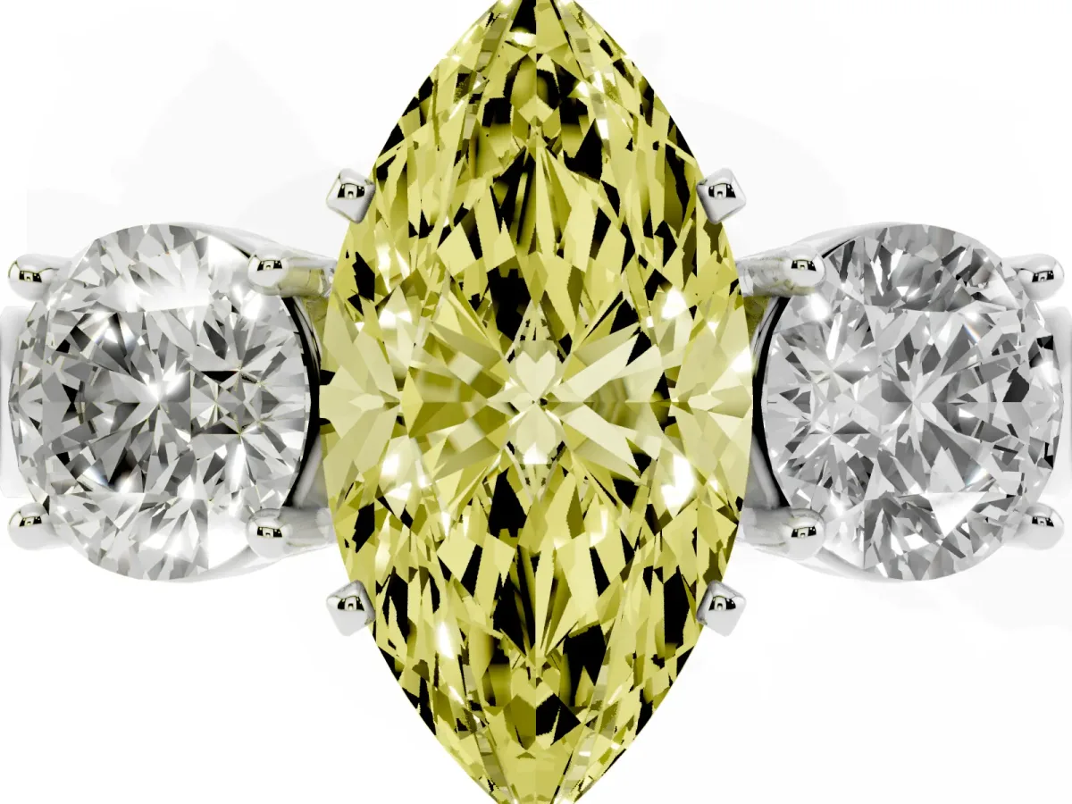 Fancy Yellow Three-Stone Marquise Cut Diamond Ring with Round Side Stones, Classic Band, and Four-Prong Setting White gold