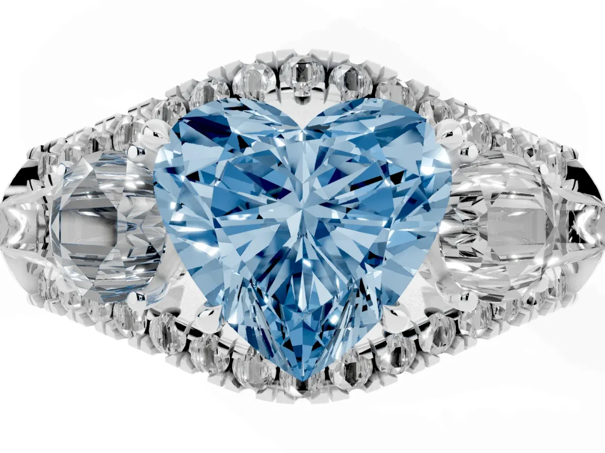 Fancy Blue Three-Stone Heart Cut Diamond Engagement Ring with Pave Band and Prong Setting Silver