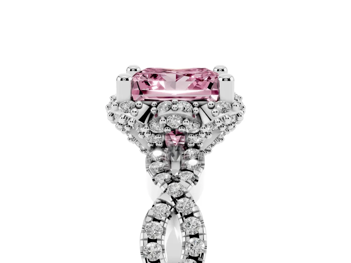Fancy Pink Princess Cut Halo Twist Band Solitaire Ring with Six-Prong Setting Silver