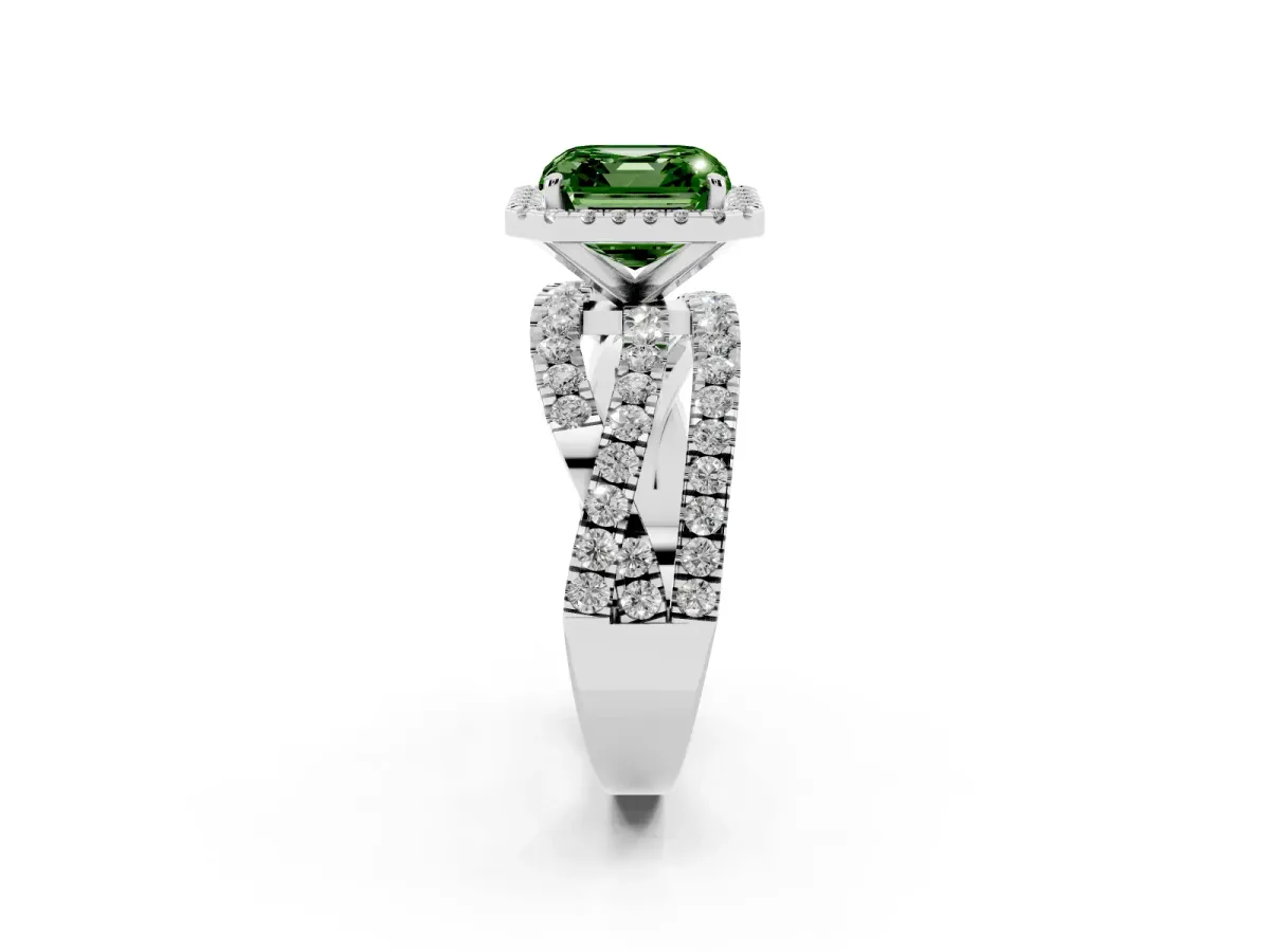 Fancy Green Asscher Cut Diamond Halo Ring with Round Split Shank and Prong Setting Silver