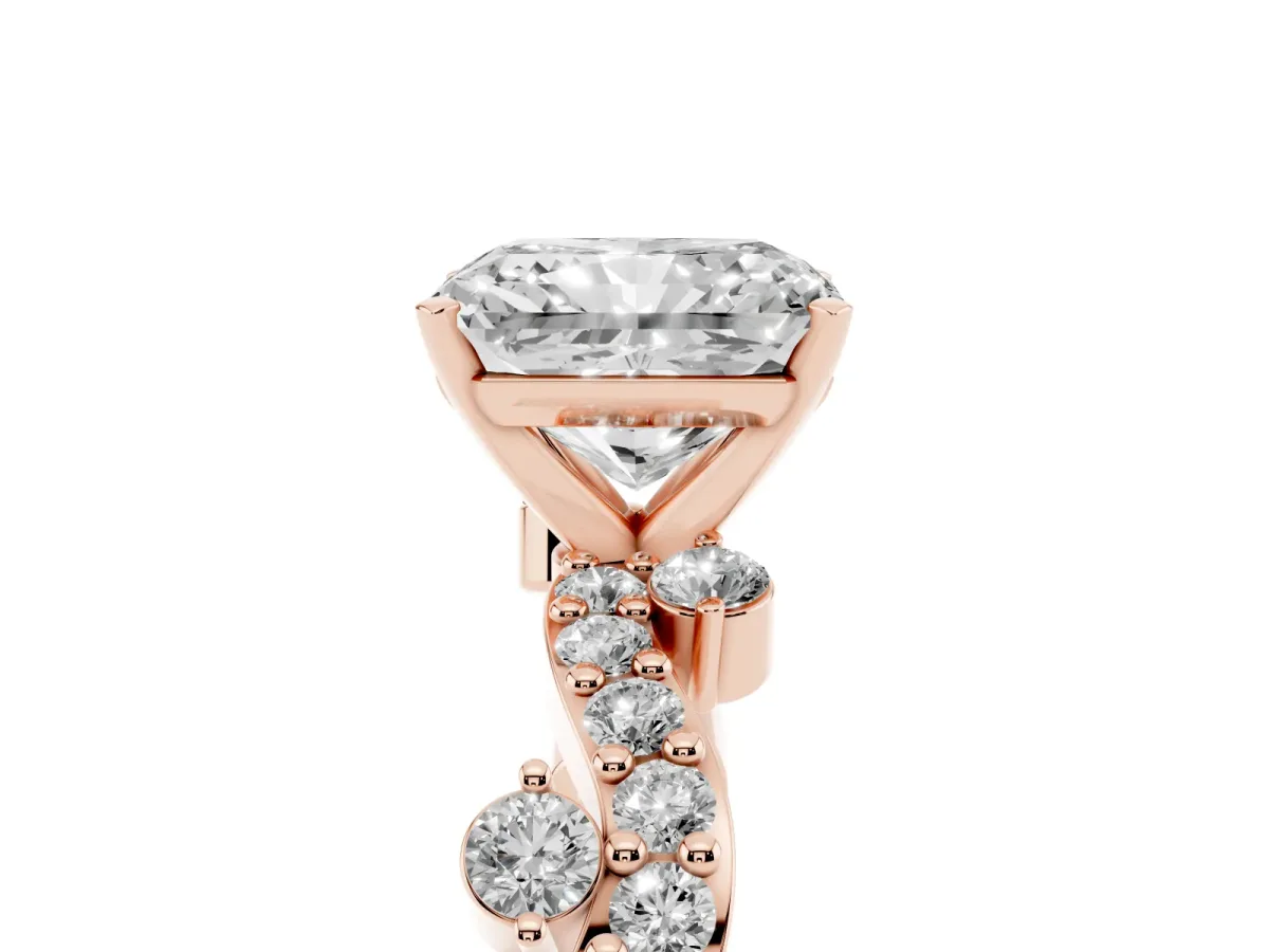 Radiant Cut Cut Solitaire Diamond Twisted Band with Pave Setting Rose gold