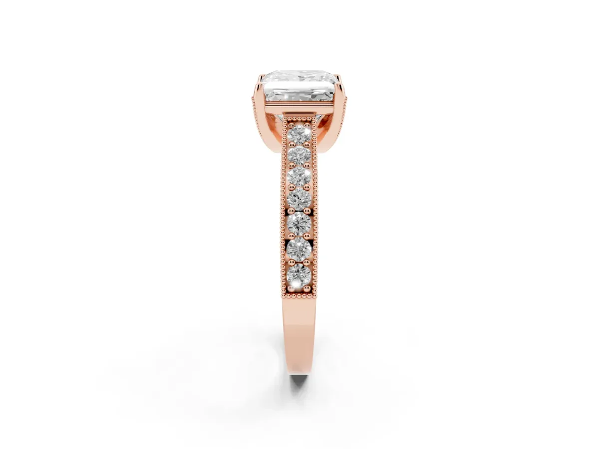 Princess Cut Cut Diamond Solitaire Ring with Milgrain Pave Band and Four Prong Setting Rose gold