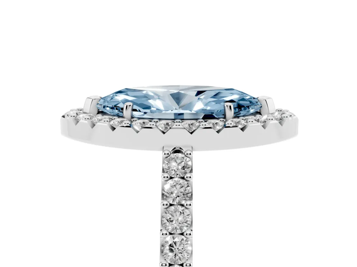 Fancy Blue Marquise Cut Halo Diamond Pavé Solitaire Ring Silver
