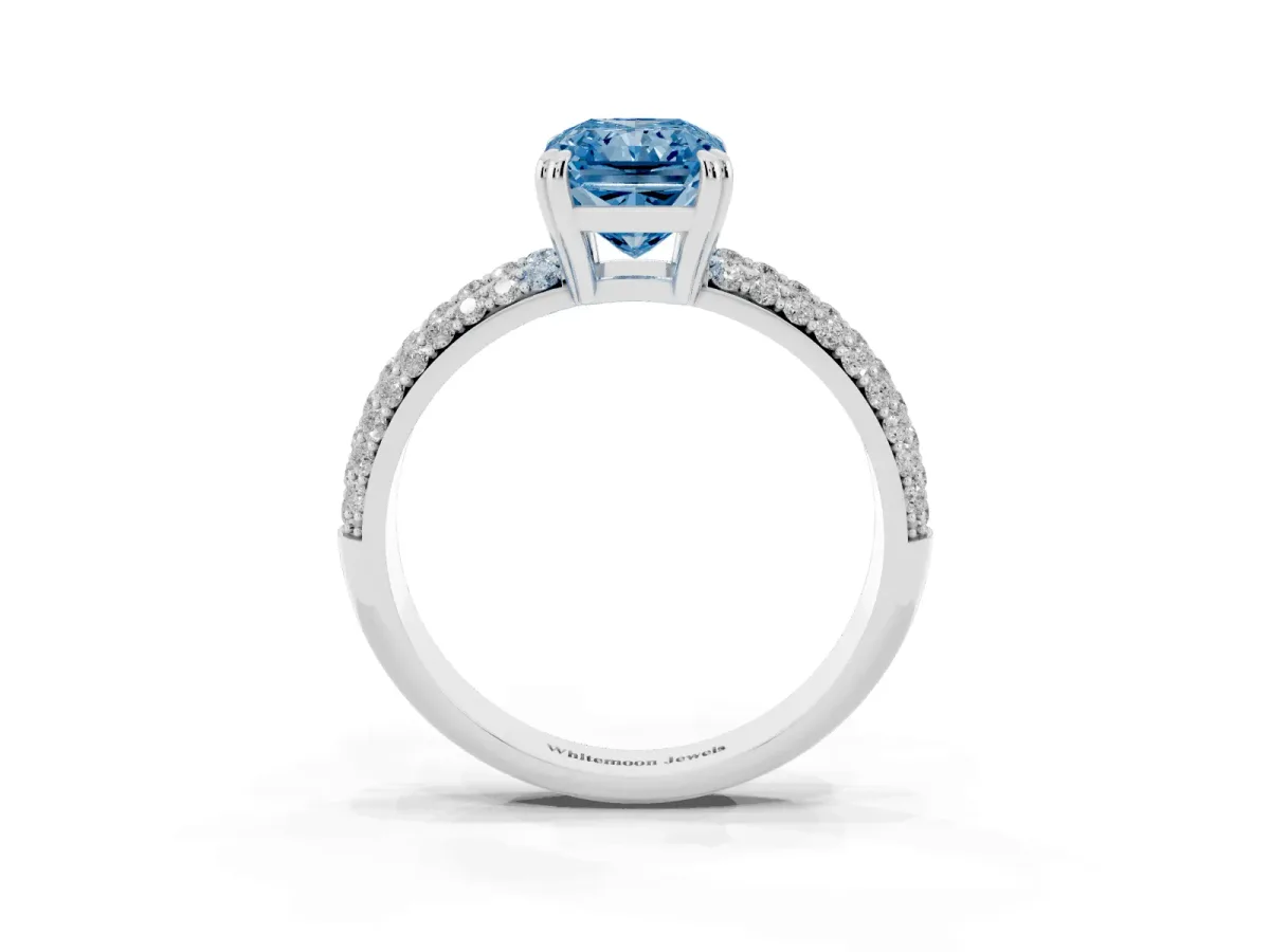 Fancy Blue Radiant Cut Diamond Solitaire Ring with Multi-Row Round Pavé Band and Prong Setting Silver
