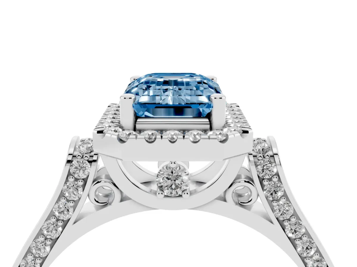 Fancy Blue Emerald Cut Halo Pave Split Shank Prong Setting Ring Platinum