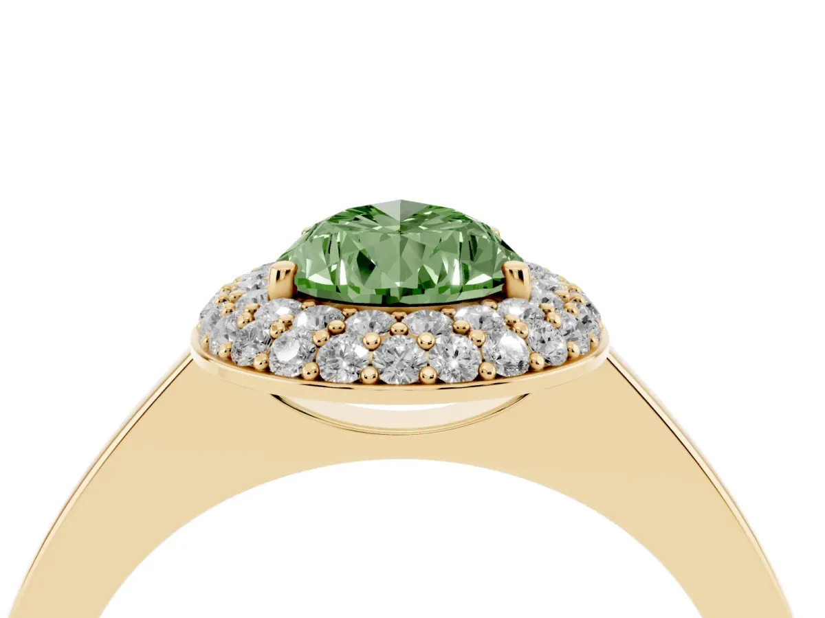 Fancy Green Pear Cut Halo Diamond Engagement Ring with Solitaire Band and Four-Prong Setting Yellow gold