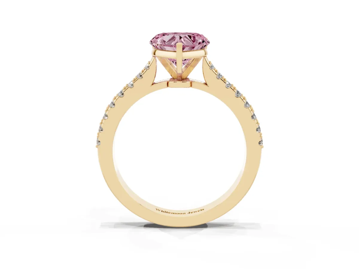 Fancy Pink Heart Cut Cut Solitaire Diamond Engagement Ring with Pave Band and Four-Prong Setting Yellow gold