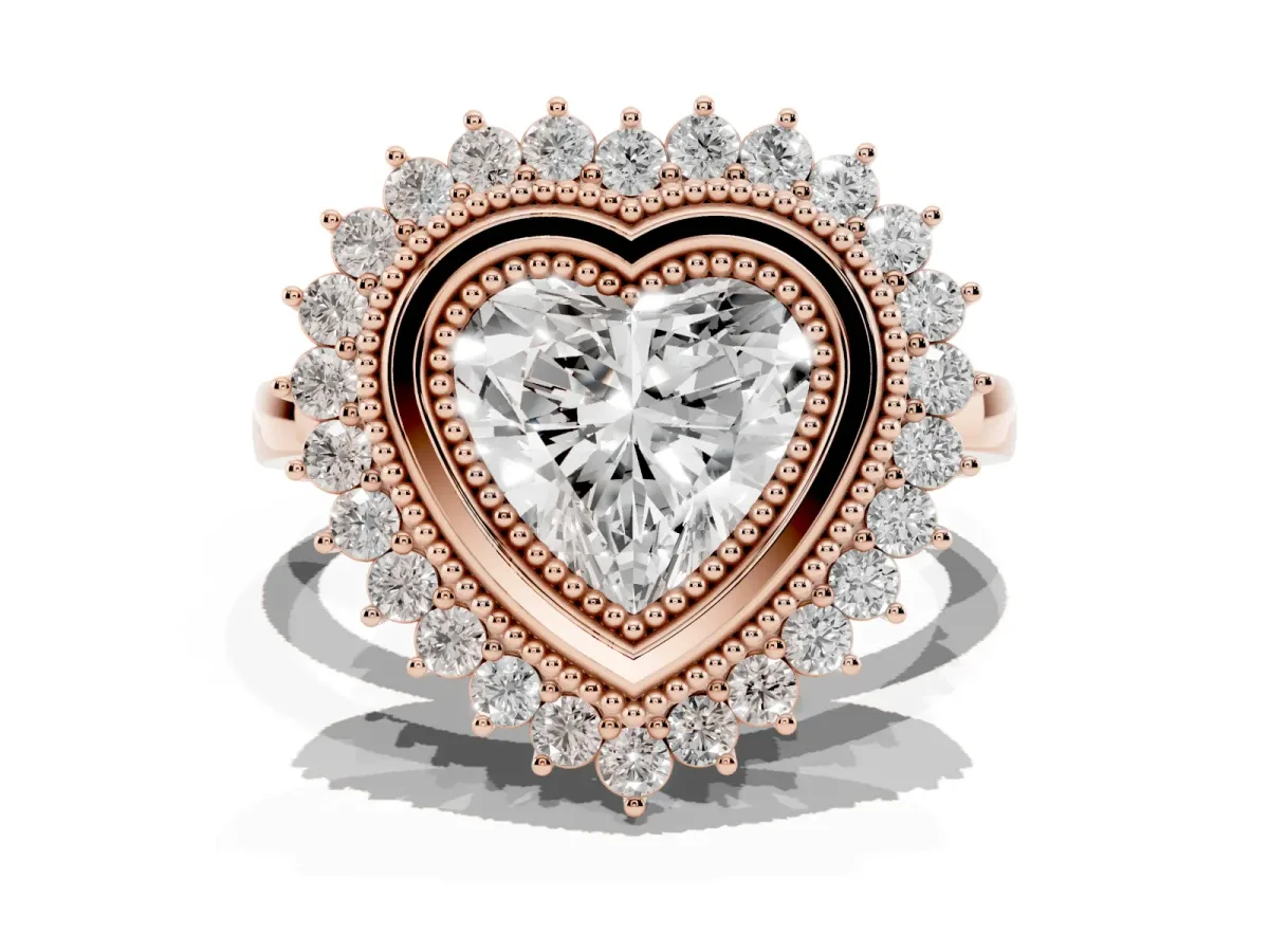 Heart Cut Halo Diamond Ring with Milgrain Edge and Round Prong Setting Rose gold