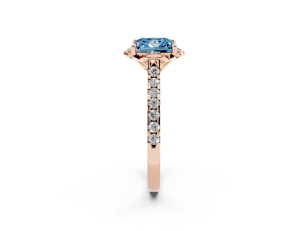 Fancy Blue Princess Cut Diamond Ring with Pavé Band and Floral Prong Setting Rose gold