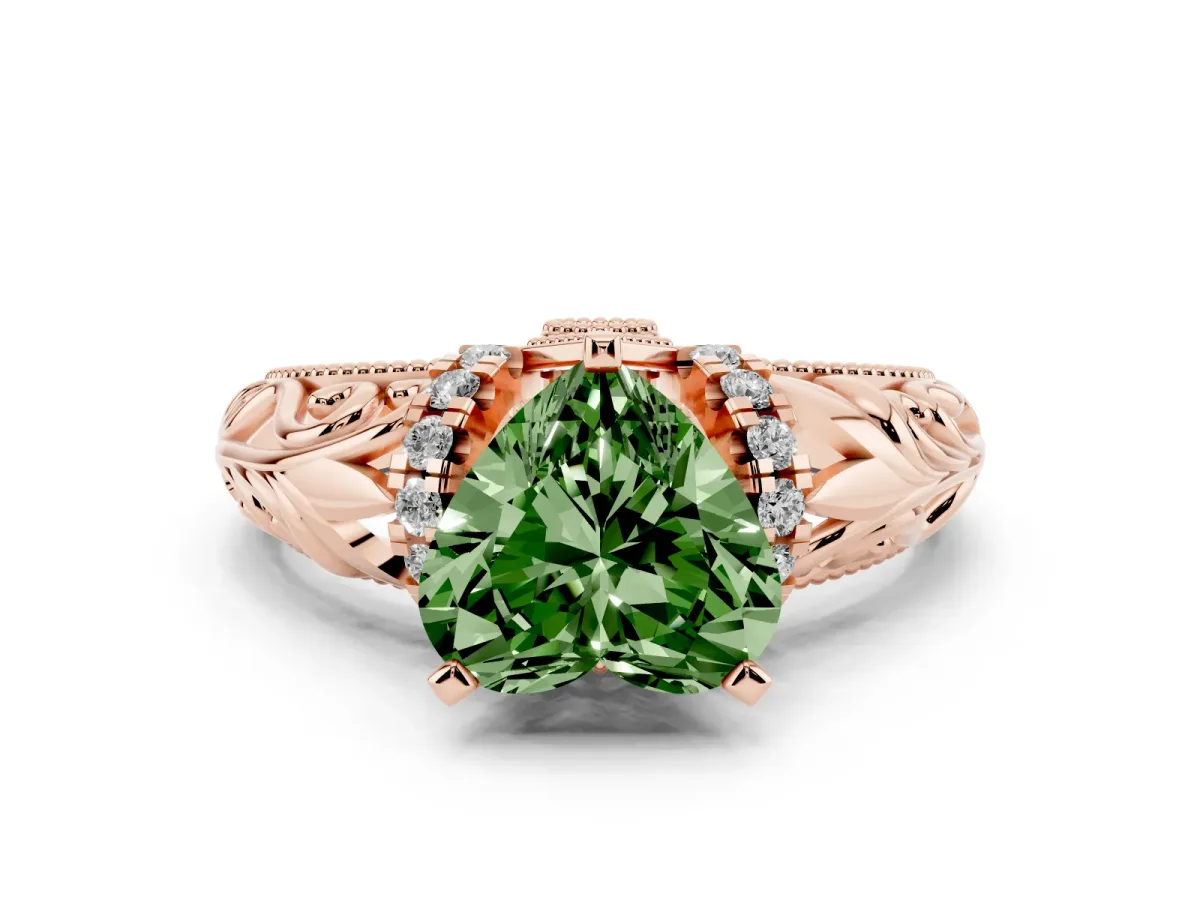 Fancy Green Heart Cut Solitaire Filigree Engagement Ring with Halo and Prong Setting Rose gold