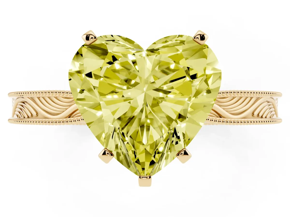 Fancy Yellow Heart Cut Solitaire Milgrain Engraved Band with Four-Prong Setting Yellow gold