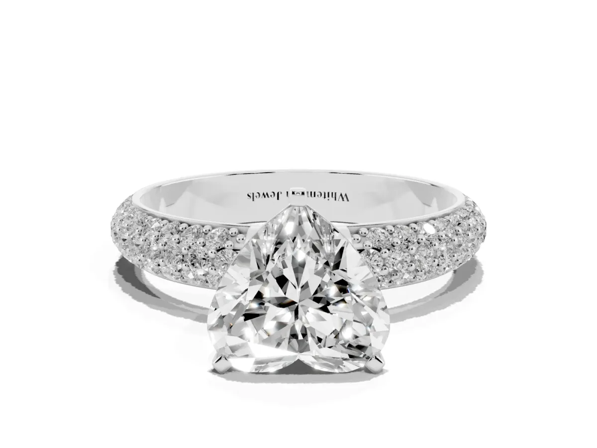 Heart Cut Diamond Solitaire Ring with Prong Setting and Pavé Band Silver
