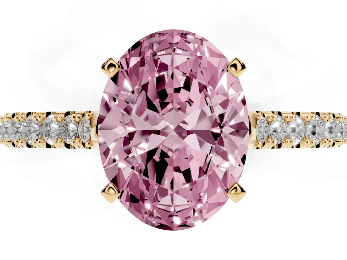 Fancy Pink Oval Cut Cut Solitaire Diamond Engagement Ring with Pave Band and Four-Prong Setting Yellow gold