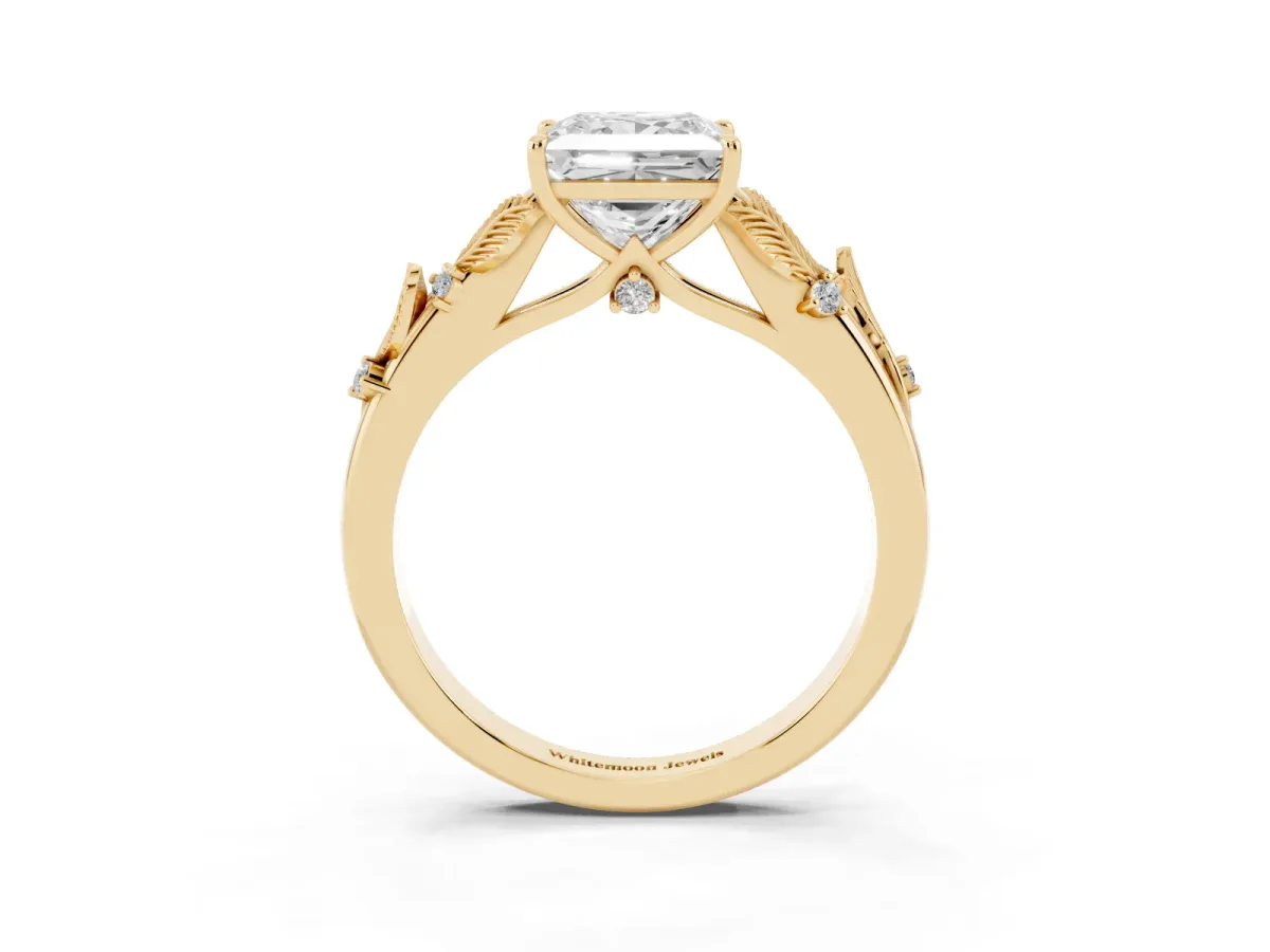 Princess Cut Diamond Solitaire Ring with Leaf Motif Band and Four-Prong Setting Yellow gold
