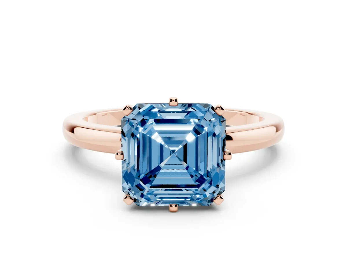 Fancy Blue Asscher Cut Solitaire Diamond Ring with Six-Prong Setting on a Classic Band Rose gold