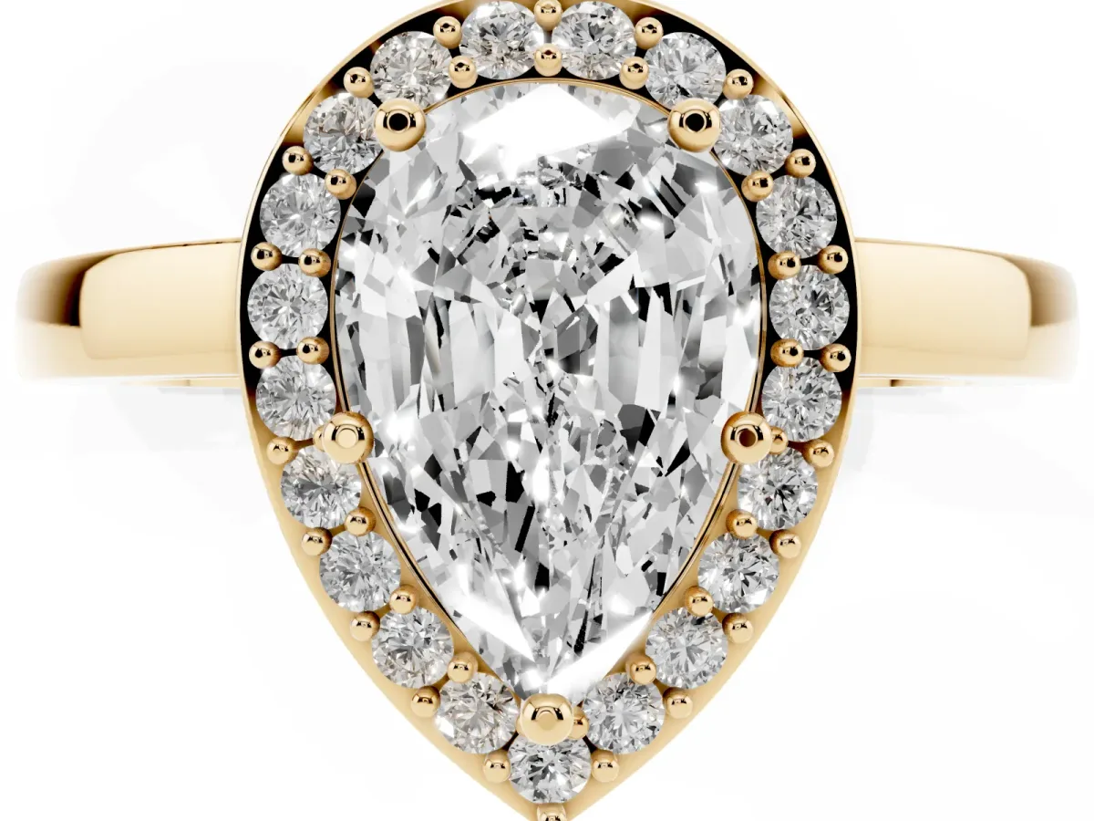Pear Cut Halo Diamond Ring with Solitaire Band and Prong Setting Yellow gold