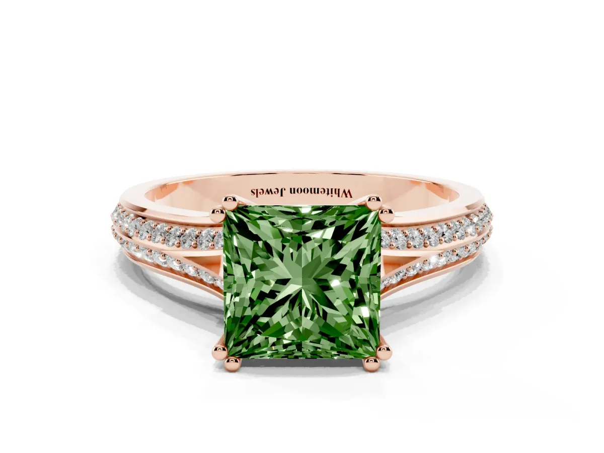 Fancy Green Princess Cut Diamond Split Shank Engagement Ring with Pavé Band Rose gold