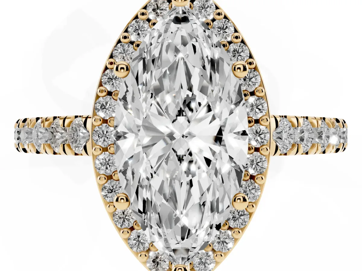 Marquise Cut Cut Halo Diamond Engagement Ring with Pave Band and Four-Prong Setting Yellow gold