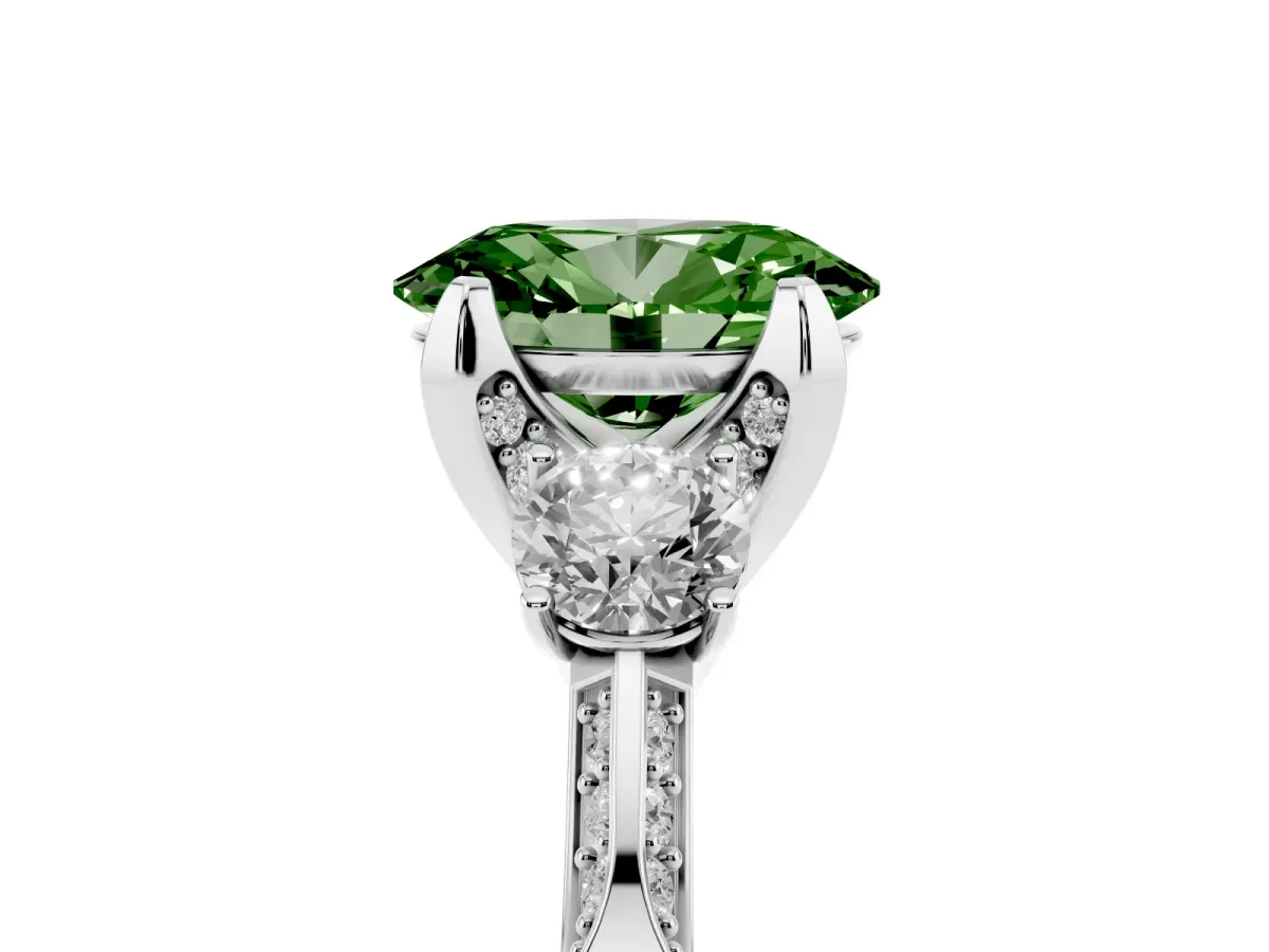 Fancy Green Oval Cut Brilliant Three-Stone Diamond Ring with Pavé Band and Four-Prong Setting White gold
