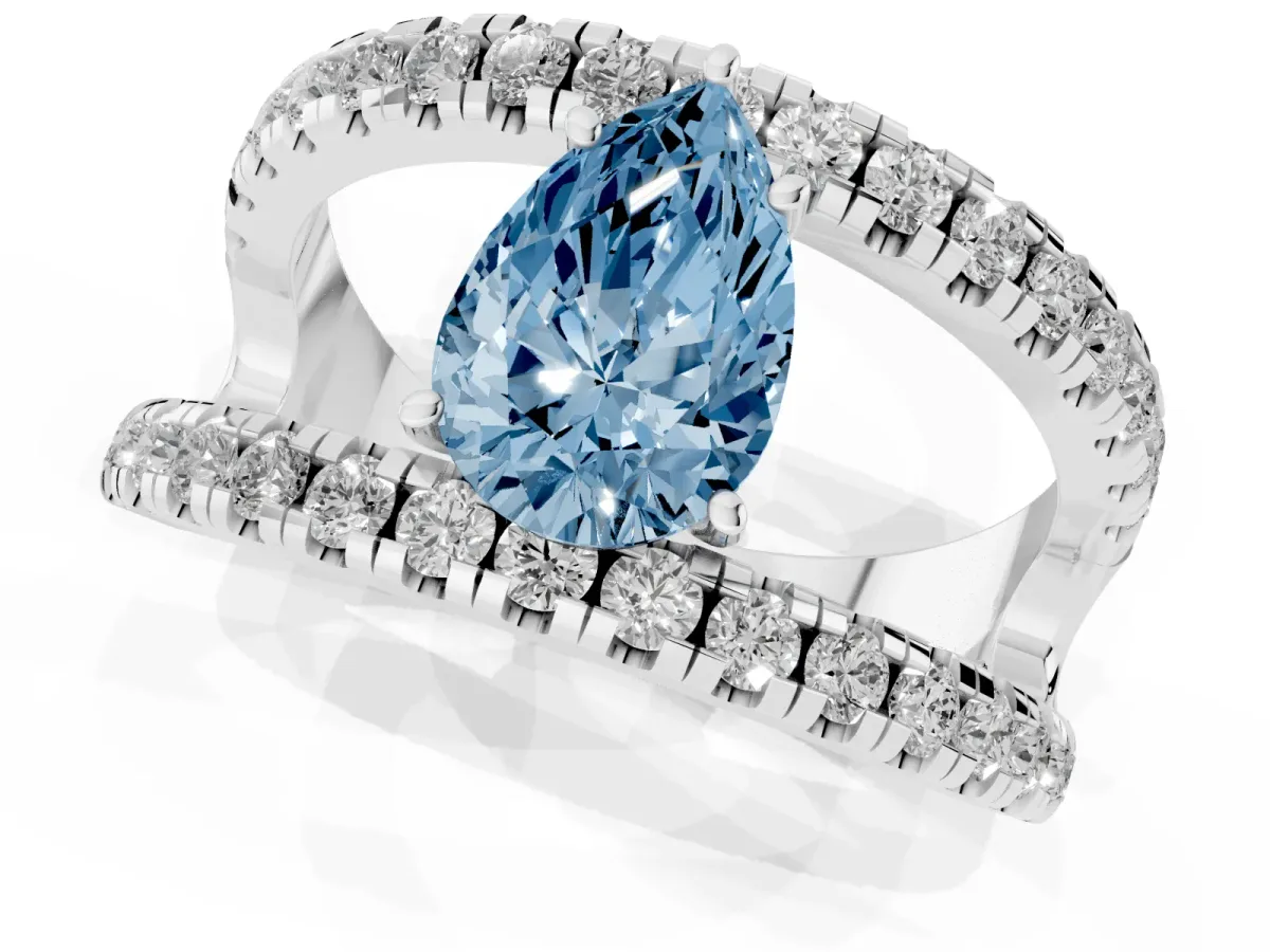 Fancy Blue Pear Cut Solitaire Split Shank Pave Diamond Ring Platinum