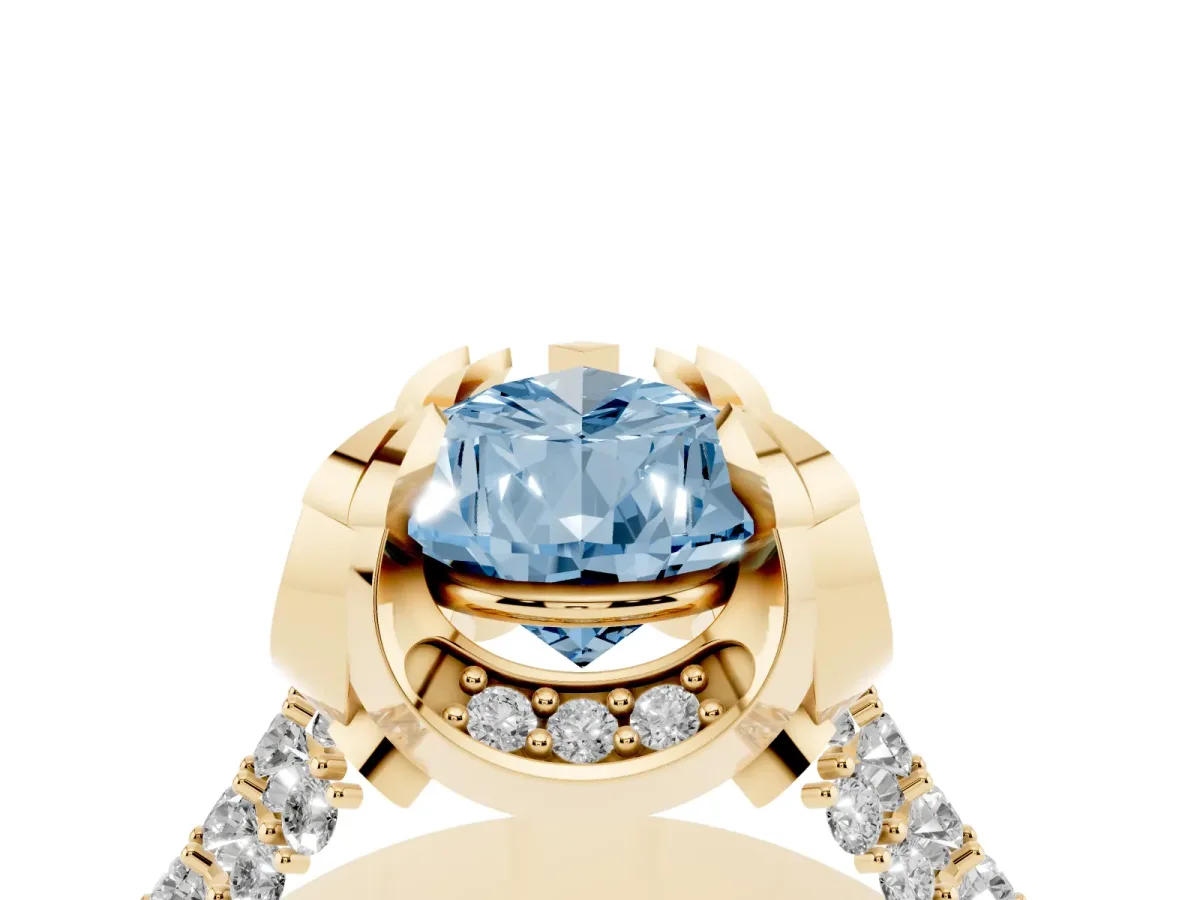 Fancy Blue Pear Cut Solitaire Pave Split Shank Ring with Four-Prong Setting Yellow gold