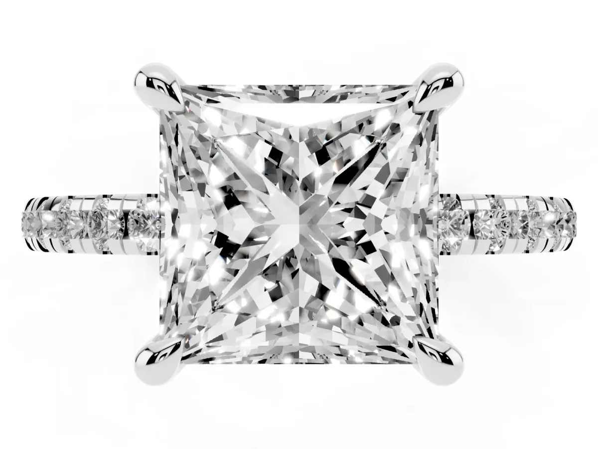Princess Cut Diamond Brilliant Solitaire Ring with Pavé Band and Four-Prong Setting Silver