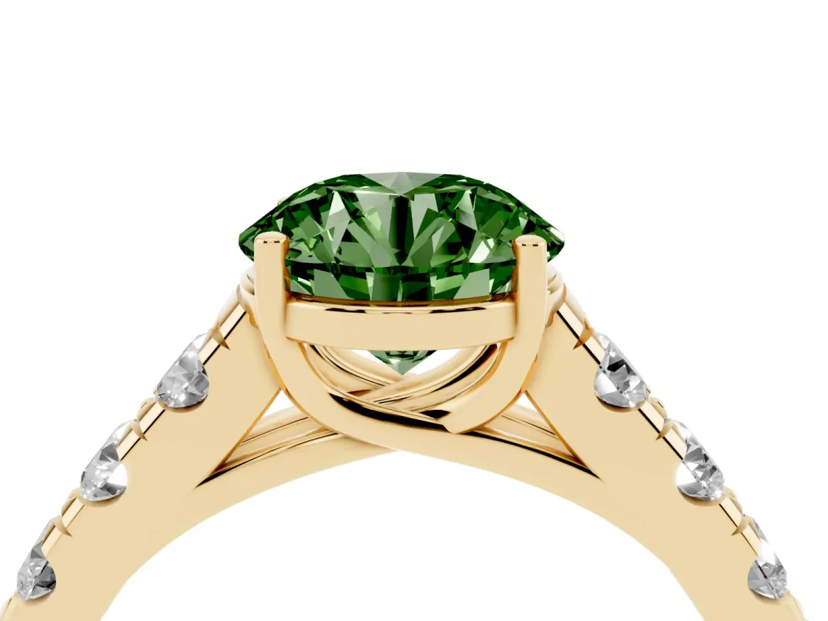 Fancy Green Round Cut Cut Diamond Solitaire Ring with Micro Pave Band and Prong Setting Yellow gold