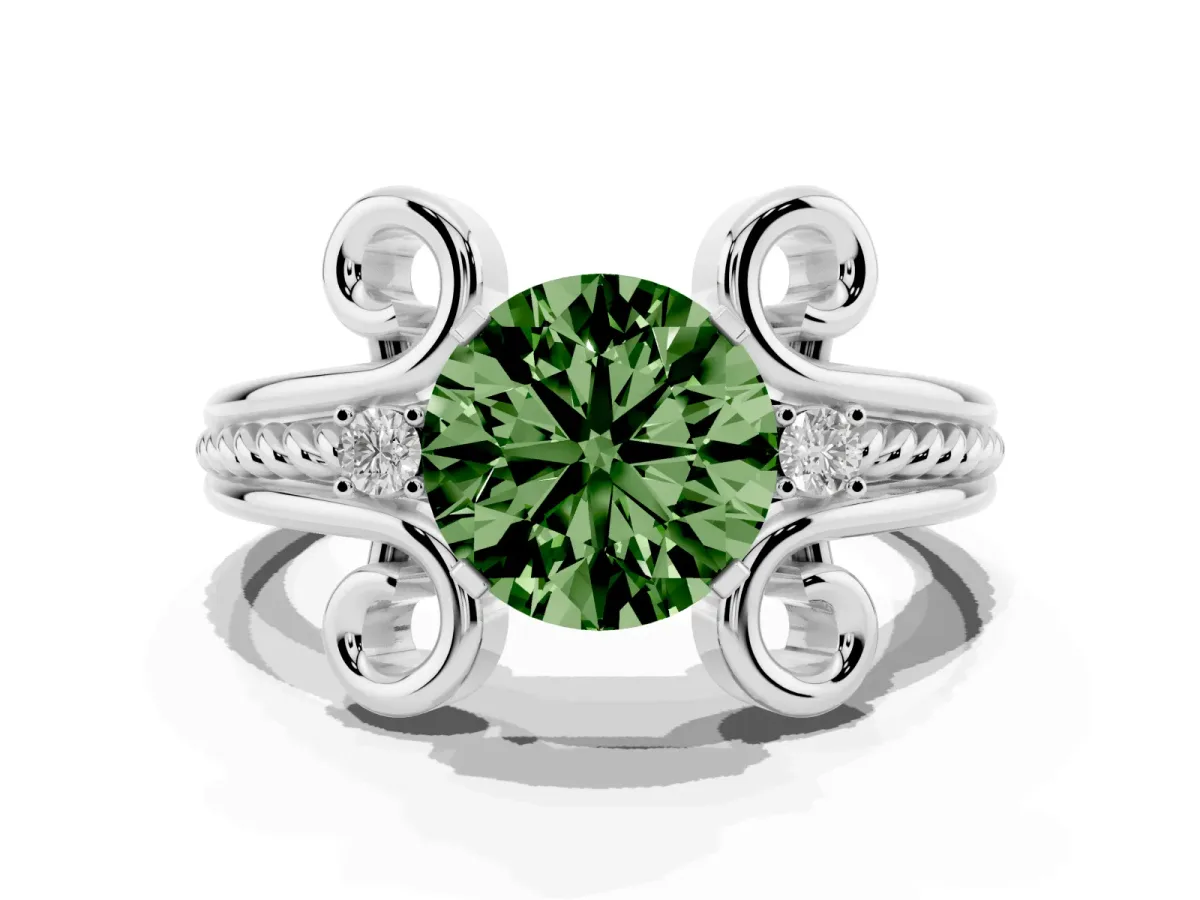 Fancy Green Round Cut Solitaire Twisted Band Scroll Prong Ring Silver