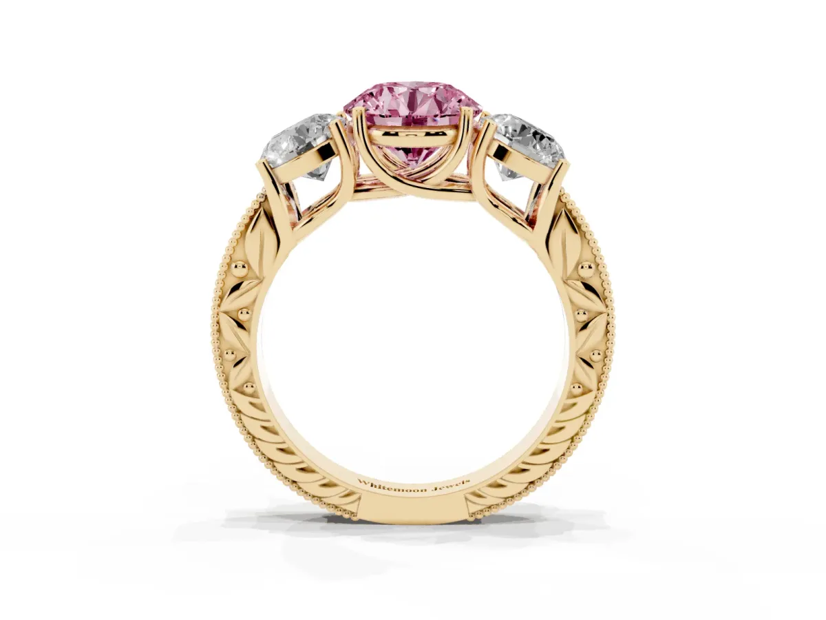 Fancy Pink Three-Stone Round Cut Cut Milgrain Pavé Engagement Ring Yellow gold