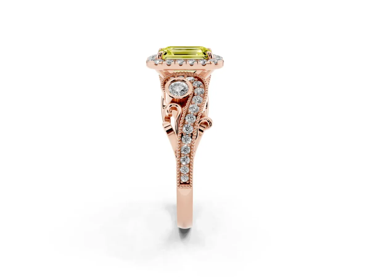 Fancy Yellow Emerald Cut Halo Diamond Ring with Milgrain and Bezel Accents on a Split Shank Band Rose gold