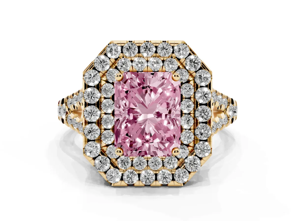 Fancy Pink Double Halo Radiant Cut Diamond Pavé Split Shank Ring with Prong Setting Yellow gold