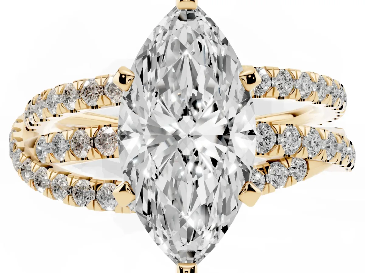 Marquise Cut Solitaire Twist Band with Pavé Setting and Four-Prong Setting Yellow gold