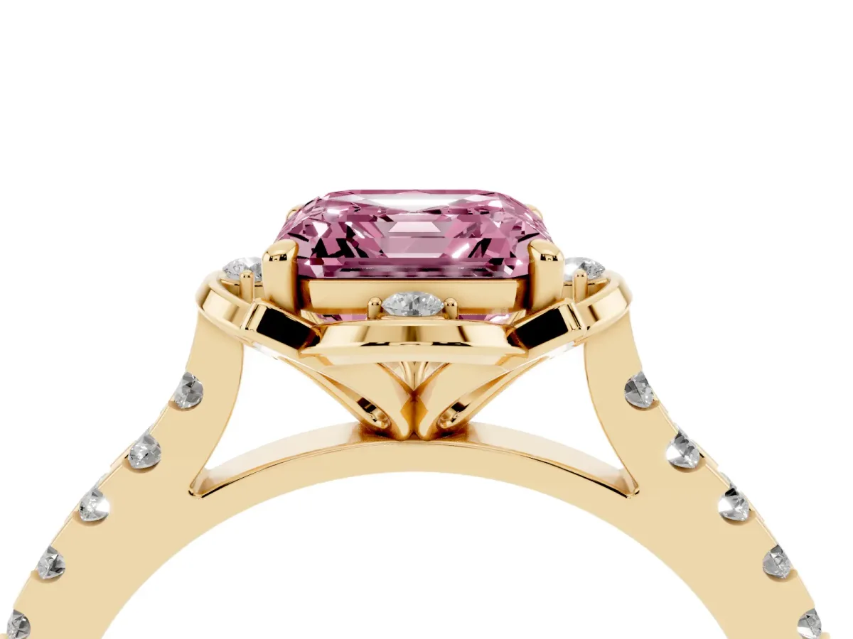 Fancy Pink Asscher Cut Diamond Ring with Pavé Band and Floral Prong Setting Yellow gold