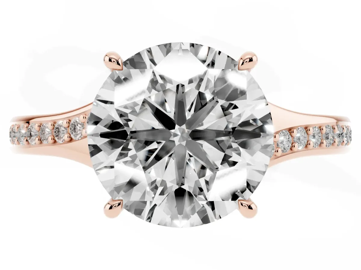 Round Cut Diamond Solitaire Ring with Pavé Band and Prong Setting Rose gold