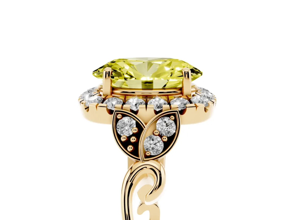 Fancy Yellow Oval Cut Halo Diamond Engagement Ring with Vintage-Inspired Band and Four-Prong Setting Yellow gold