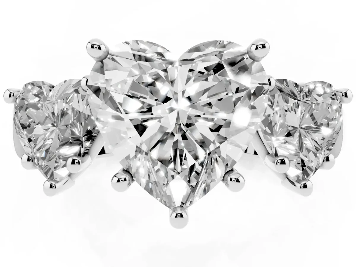 Three-Stone Heart Cut Brilliant Diamond Trellis Ring with Comfort Fit Band White gold