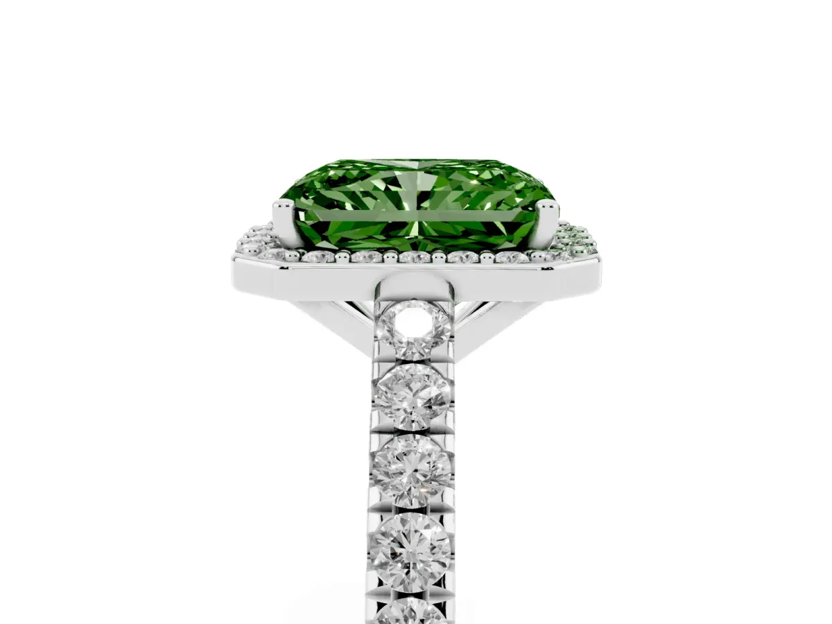 Fancy Green Radiant Cut Cut Halo Diamond Engagement Ring with Pave Band and Four-Prong Setting Platinum