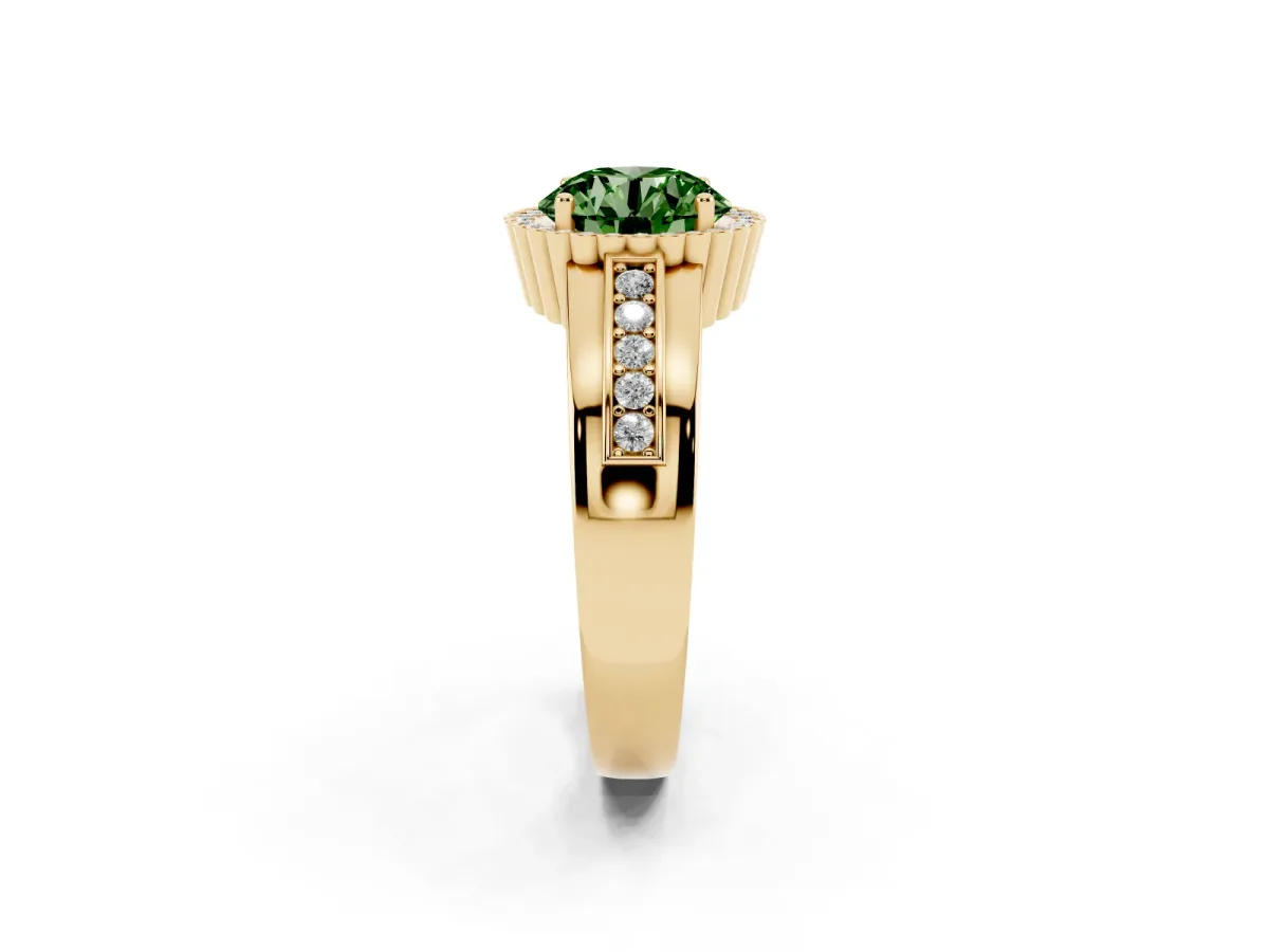Fancy Green Round Cut Cut Halo Pave Band Four-Prong Ring Yellow gold
