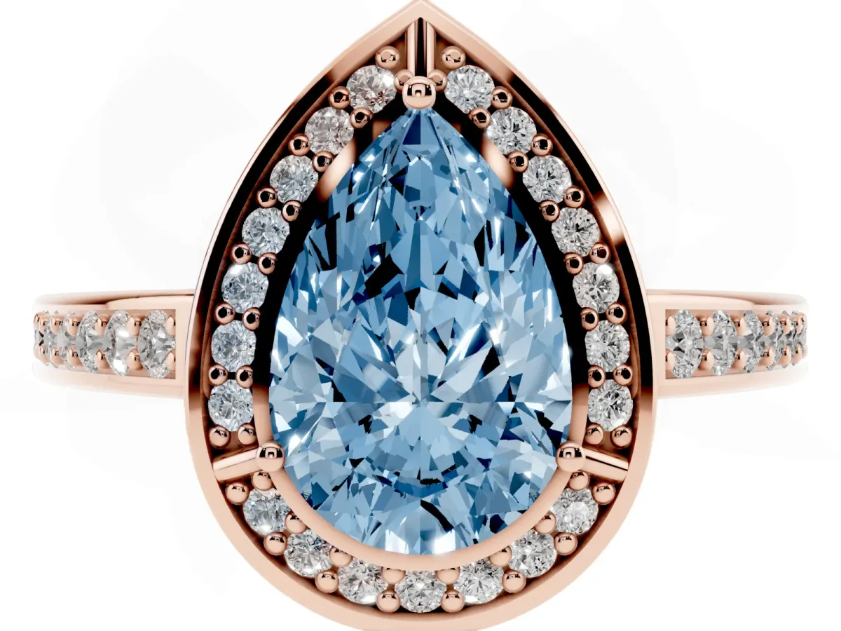 Fancy Blue Pear Cut Cut Halo Pave Split Shank Prong Setting Ring Rose gold
