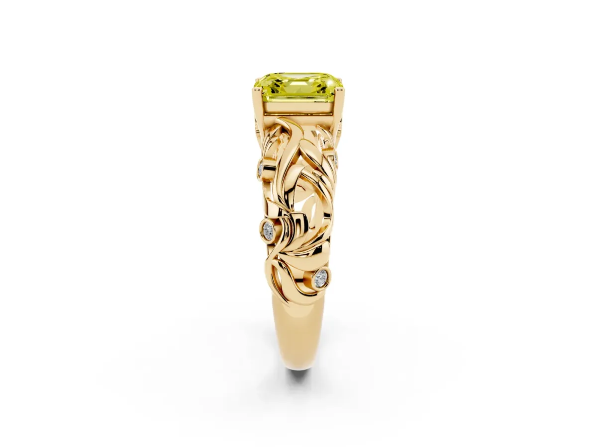 Fancy Yellow Asscher Cut Solitaire Diamond Leaf-Inspired Vine Band Ring with Prong Setting Yellow gold